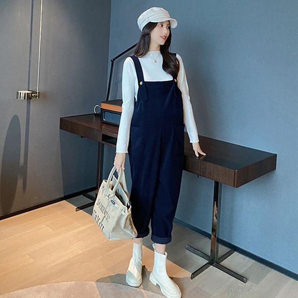

12# autumn winter corduroy maternity bib pants + knitted shirt sets sweet jumpsuits suits for pregnant women pregnancy overalls bottoms, White