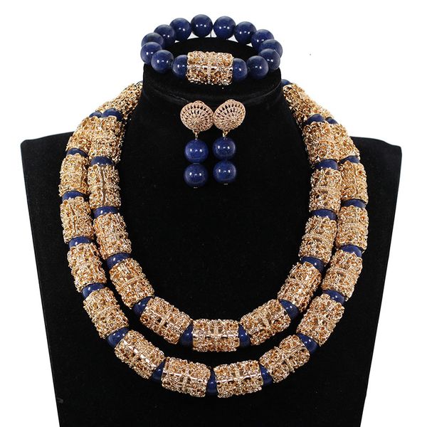 

splendid navy blue nigerian beaded women costume jewelry sets dubai gold chunky statement necklace set 2019 we240 cj191128, Silver