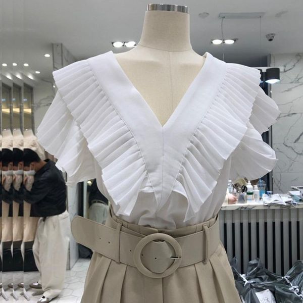 

women's blouses & shirts [ewq] 2021 summer sweet pleated double v-neck white shirt korean style butterfly sleeve simple casual womens