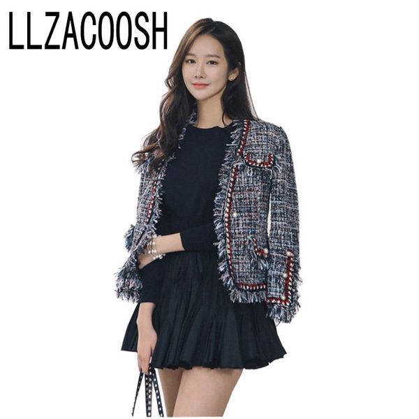 Harajuku Einreiher Tweed Jacke Winter Frauen Langarm O Neck Elegante Mantel Perle Perlen Quasten Strickjacke Mantel 210514