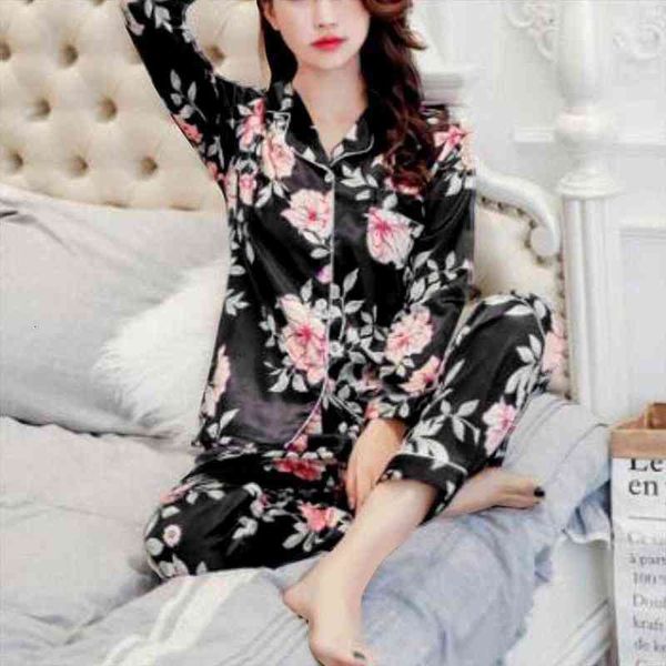 

2pcs autumn simulation floral print womens sleepwears silk pajamas set comfortable and silky cute long sleeve ladies home service, Black;red