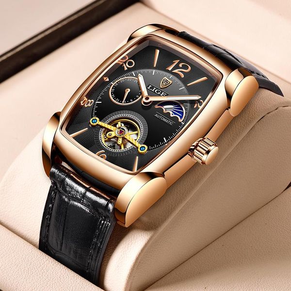 

wristwatches lige luxury tourbillon watch men fashion leather casual waterproof sport mechanical relogio masculino, Slivery;brown