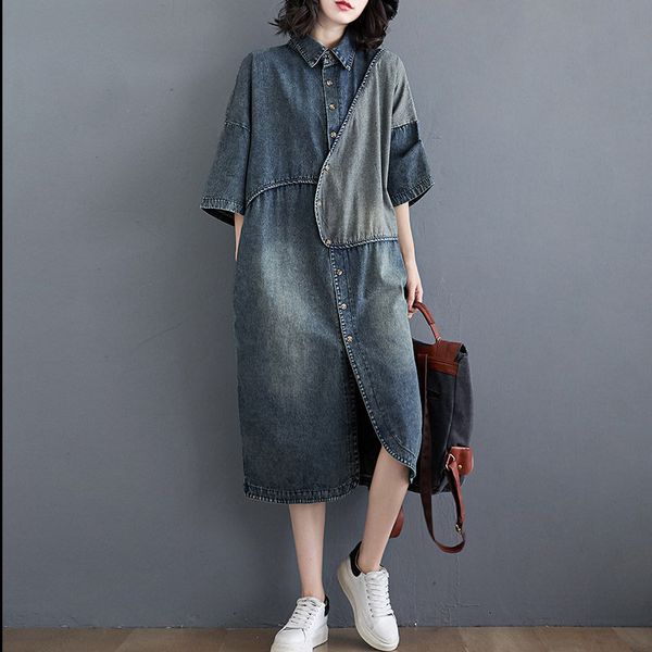 

extra large size womens denim dress spring 2021 summer loose stitching fashion vintage jeans mid-length shirt jacket y1244, Black;gray