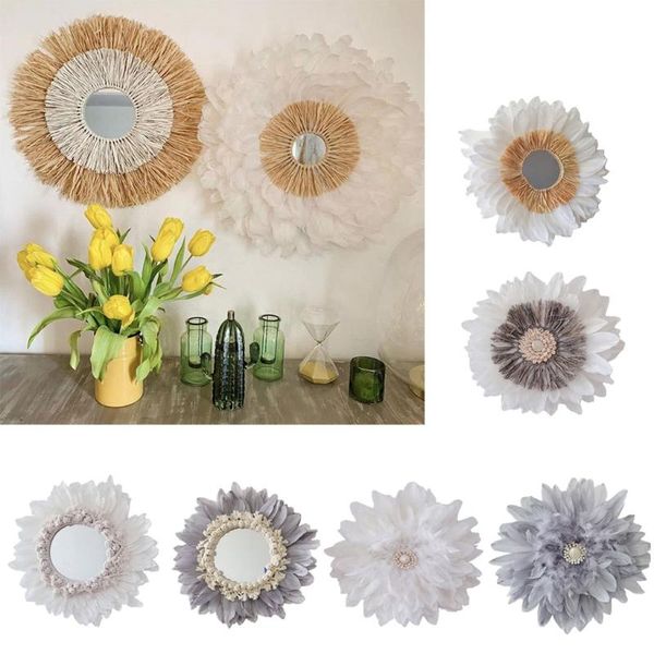 

decorative objects & figurines hanging wall mirror with feather fringe round nordic boho ornament for apartment living room baby nursery