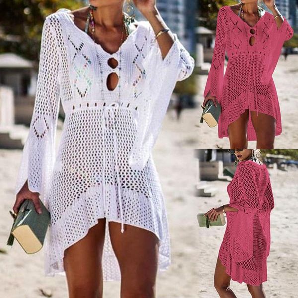 

women's swimwear knitted beach cover up women bikini swimsuit hollow out dress tassel tunics bathing suits cover-ups beachwear, White;black