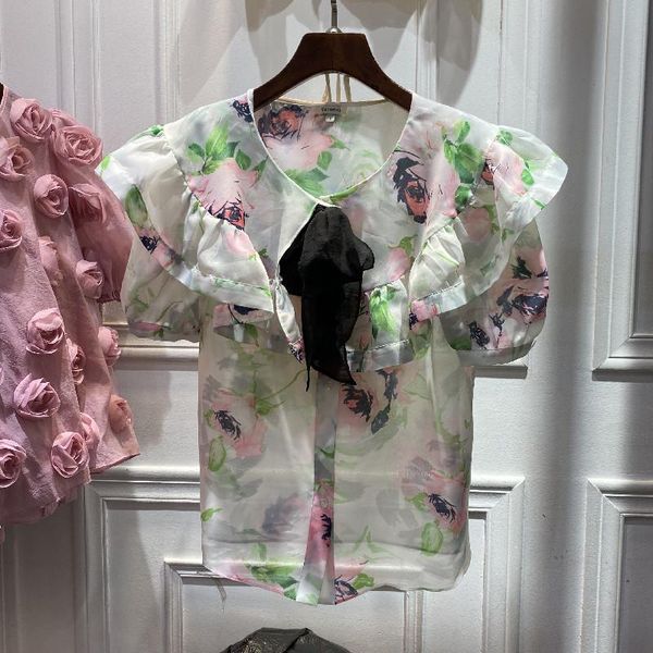 

women's blouses & shirts printed ruffle silk cotton european station 2021 design french sweet shirt, White