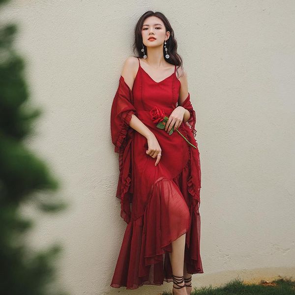 

casual dresses summer fashion seaside holiday sling vestidos female v-neck waist slimming ruffled fishtail chiffon midi dress beach, Black;gray