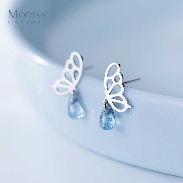 

elegant luxury butterfly swing blue drop water crystal stud earrings for women sterling silver 925 fine jewelry 210707, Golden;silver