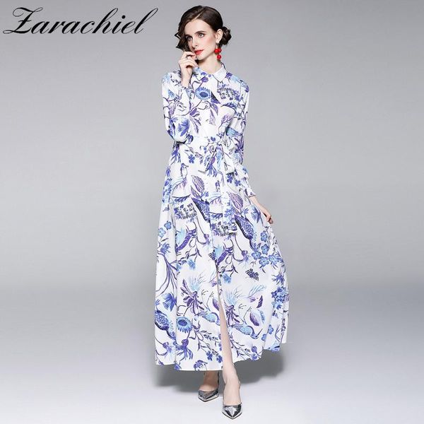 

casual dresses autumn vacation floral dress women full sleeve buttons down lapel single-breasted sashes lace up print maxi flower vestidos, Black;gray