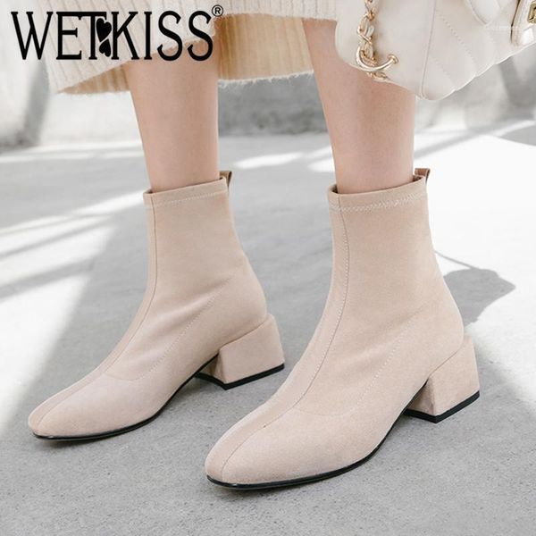 

boots wetkiss flock ankle women square toe booties high heels thick shoes female fashion stitching ladies winter 2021 11, Black