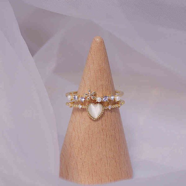 

delicate cat eye zircon heart shape double for women flower pearl solitaire ring bague daily date party jewelry accessories, Golden;silver
