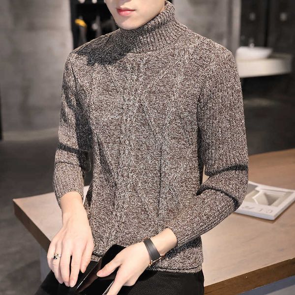 Natal turtleneck mens outono novo lã suéter masculino alto pescoço estilo coreano slim bonito juventude casual camisola y0907