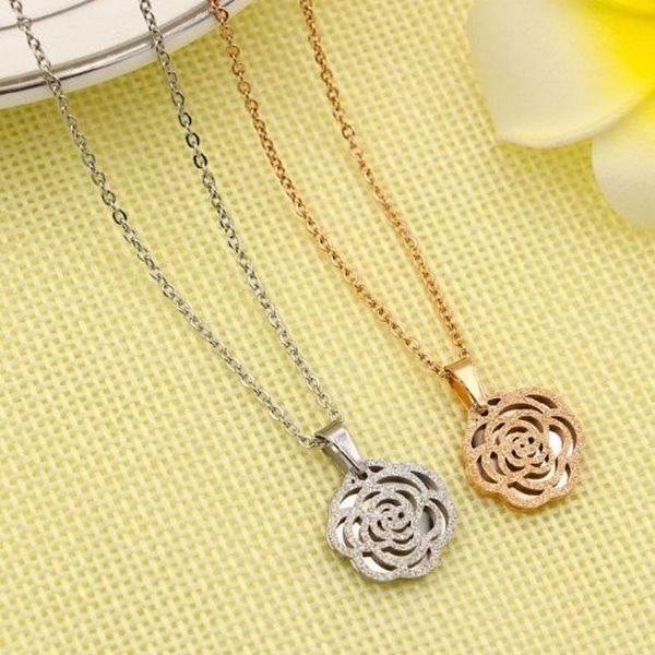 

pendant necklaces simple titanium steel camellia necklace round matte flower stainless charm for women, Silver