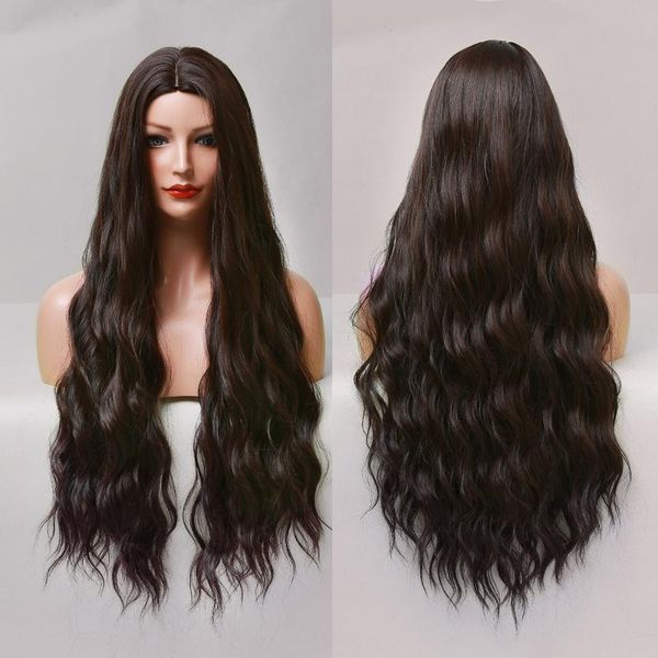 

synthetic wigs long wavy ombre wine red brown highlight blonde cosplay party daily wig for women high temperature hair, Black