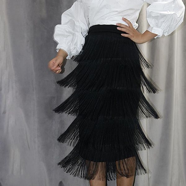 

black fringe bodycon high waist womens skirts midi pencil streetwear party office elegant femme retro jupes falads