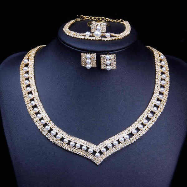 

jewelry set necklace four piece high-grade exquisite naked diamond pearl bride necklace jewelry, Slivery;golden