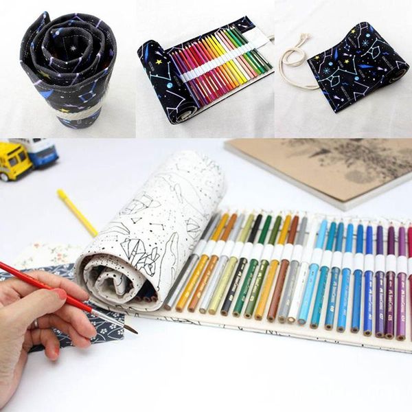 

pencil bags simple portable 36/48/72 holes big constellation case canvas roll pouch pencilcase sketch brush pen bag tool gifts