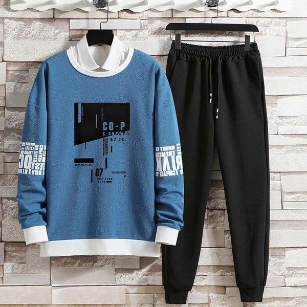 

spring and autumn men's casual sports suit round neck long-sleeved t-shirt + two-piece cotton linen trousers with tie feet tracksuits, Gray