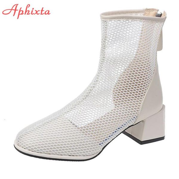 

boots aphixta 2021 5cm square heels women summer korean slim mesh breathable back zipper plus big size 43 cool, Black
