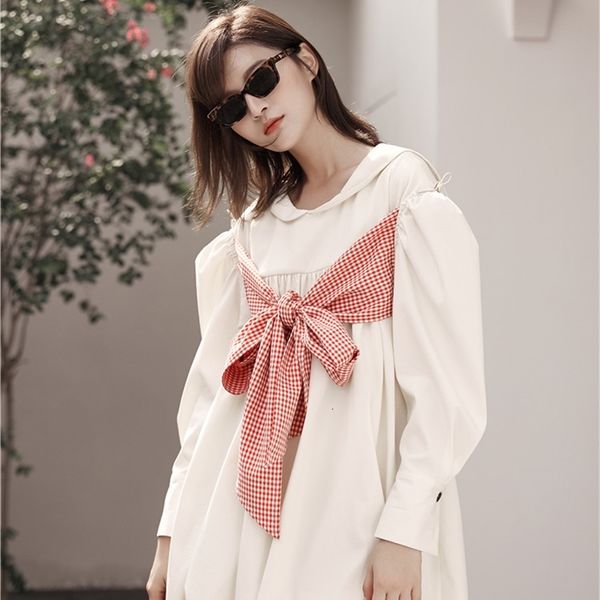 

casual dresses autumn puff sleeve women long bow tie loose beige causal mini korean fashion clothing zuej, Black;gray