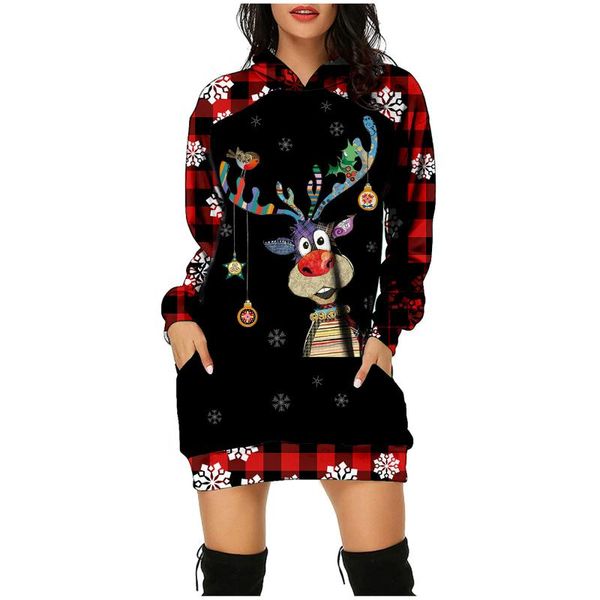 

casual dresses long hoodie sweatshirt pullover christmas print cartoon sleeve splited pockets hoody dress sudadera, Black;gray