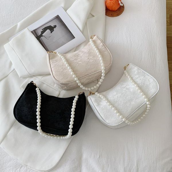 

evening bags vintage women jacquard lace flower shoulder underarm casual ladies pearl chain handle handbags solid color small purses