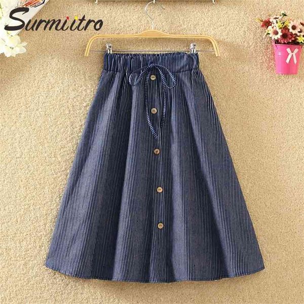 

knee lenth denim skirt women for spring summer korean blue striped high waist sun school midi female 210421, Black