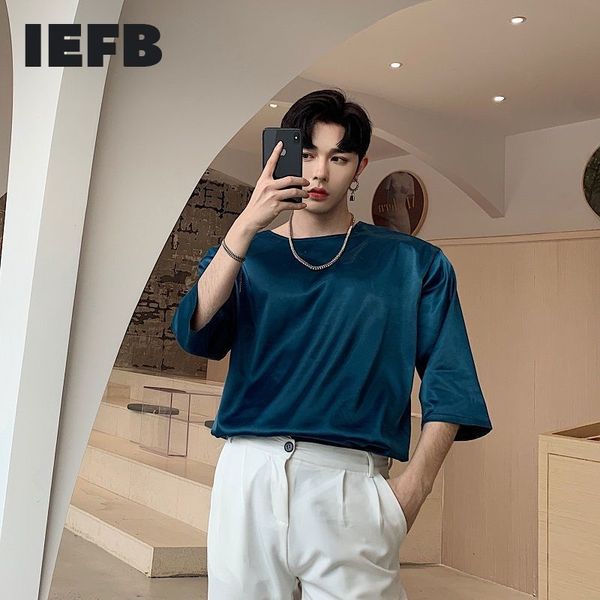 IEFB Männer Sommer Blau Pullover Satin O-kragen T-shirts Design Jacquard Casual Männliche Kleidung Koreanische Streetwear Viertel Hülse T-shirt 210524