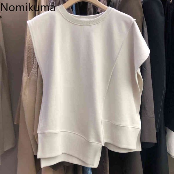 

nomikuma t shirt women o neck sleeveless basic summer tees casual loose korean style irregular tshirts camisetas 210514, White