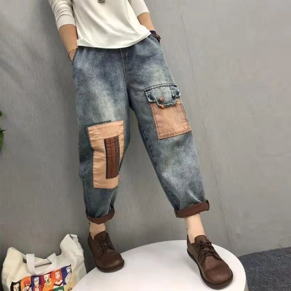 

women's jeans arrival summer women casual cotton denim patchwork ankle-length pants loose elastic waist harem w217 tden, Blue