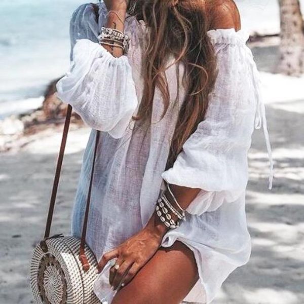 Summer Casual Beach Dress Boho Women Kimono Pareos Bikini Cover Up Solid Maxi Robe lavorato a maglia elegante Beachwear Off-Shoulder Kaftan Women's Swi