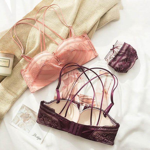 

bras sets roseheart women fashion purple wireless half cup bra deep v lace cross straps cotton panties lingerie plus size, Red;black