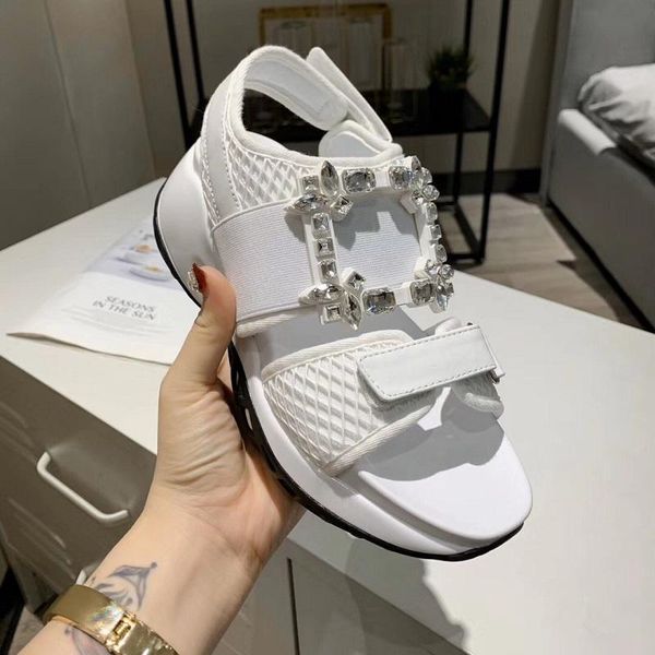 

genuine leather women sandals runway luxury crystal hook & loop ladies summer 2021 fashion flat shoes, Black