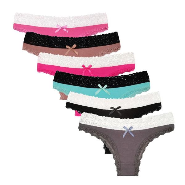 

women's panties 6 pcs / lot ladies underwear lace lingerie women cotton thong bikini 9509, Black;pink