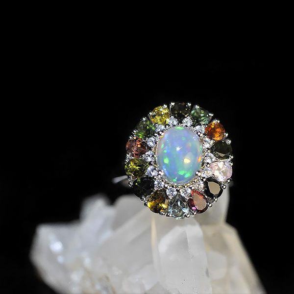 

cluster rings mlkenly 925 sterling silver colorful tourmaline for women fashion finger band cocktail party style fine jewelry, Golden;silver