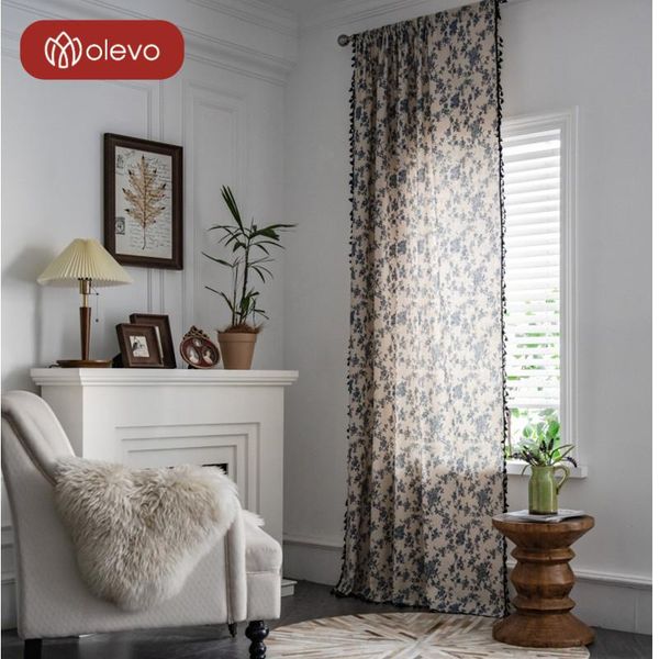 

table cloth blue floral tassel curtain semi blackout tulle for living room the country style curtains cotton linen interior home valance