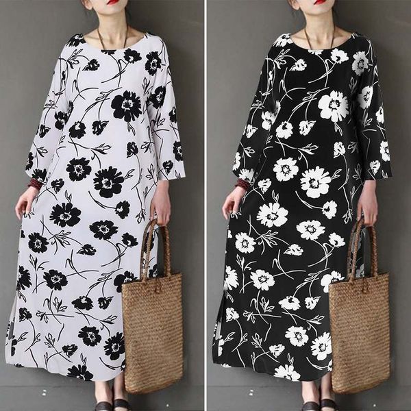 

casual dresses women fashion vintage half sleeve midi sundress split floral printed vestidos pockets o-neck robe femme plus size 5, Black;gray