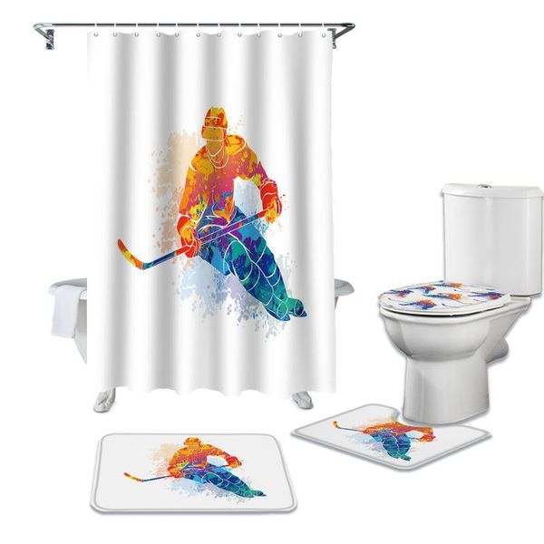

watercolor sport hockey player shower curtain sets non-slip rugs toilet lid cover and bath mat waterproof bathroom curtains