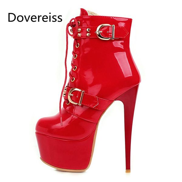 

boots dovereiss fashion women's shoes winter pure color red white platform buckle cross tied pointed toe ankle 33-48, Black