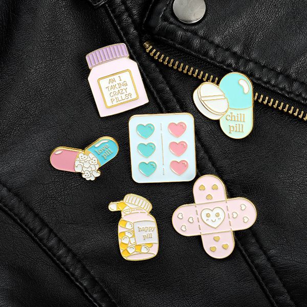 

cartoon band-aid pill capsule shape pins letter heart medication cute brooches children paint alloy clothes cowboy badge jewelry accessories, Gray