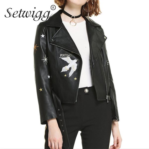 

leather autumn embroidery pu black coat women bird stars embroidered slim faux leather motorcycle jacket belt outerwear