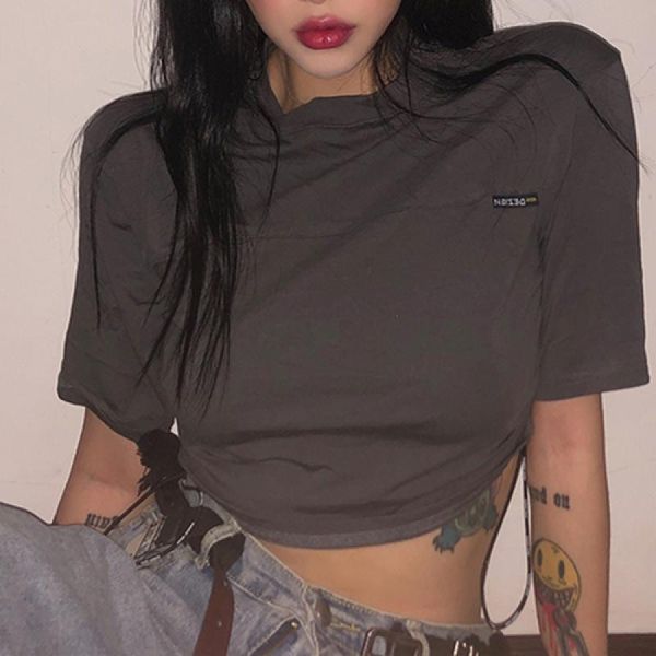 

summer fashion women o-neck shorts sleeve loose t shirt shirring crop female women's t-shirt, White