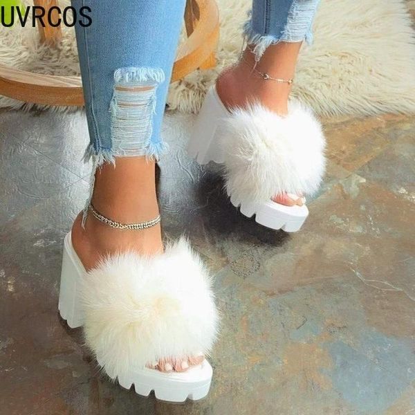 

summer fashion women's slippers trend wild furry vamp with heel mature casual platform shoes 2021, Black