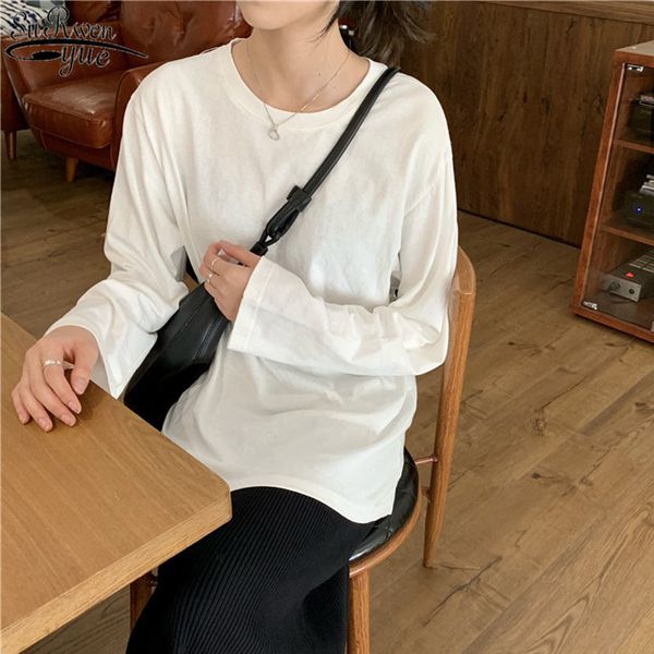 

women plus size korean loose slim t-shirts fashion bottoming long sleeve shirt solid o-neck female blusas 12730 210427, White