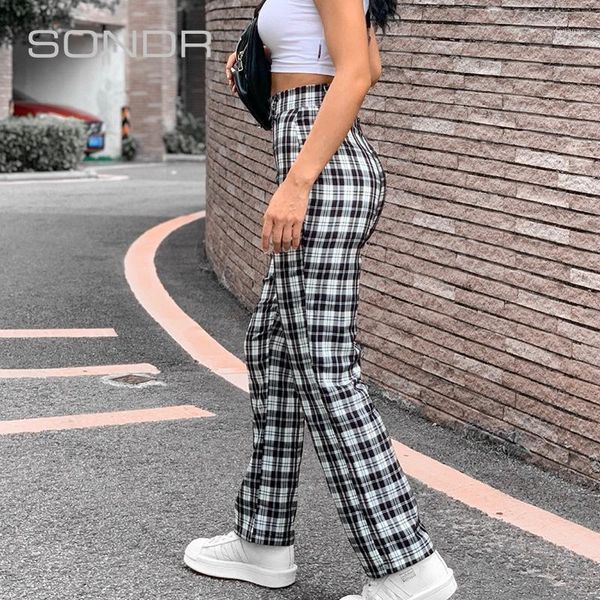 

women's pants & capris 2021 super fire harajuku design sense slim retro high waist straight lattices casual, Black;white