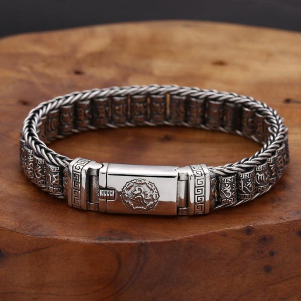 

handmade creative sutra bracelet men silver transfer beads vintage six-character mantra personality accessory link, chain, Black