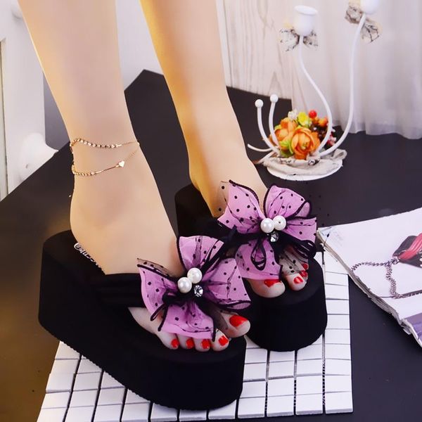

flip-flops beach ladies wedge high heels slides shoes woman platform slippers sandals, Black