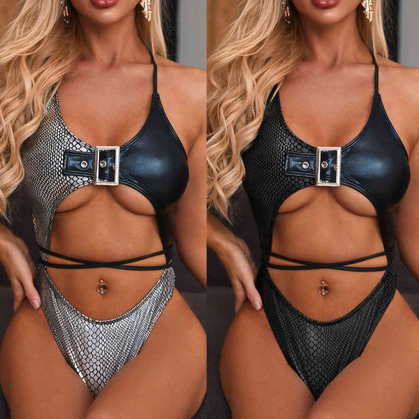 

women's swimwear one piece swimsuit with alligator metal buckle bikini 2082, White;black
