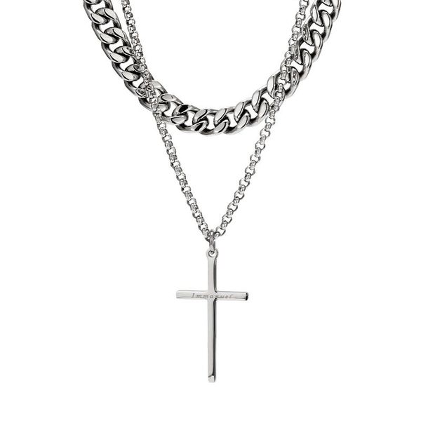 

chains double-layer cuban chain cross necklace male ins tide simple jump di hip hop clavicle sweater accessories, Silver