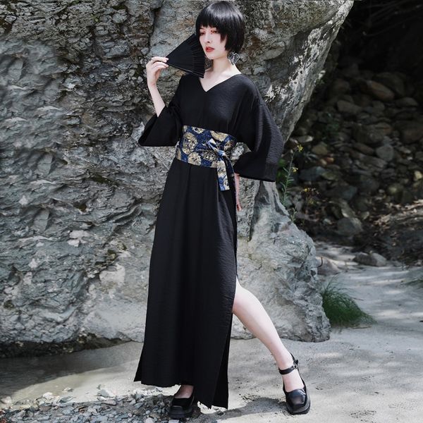 

black japanese kimono dress fashion obi dress for women belt traditional ethnic black v neck yukata haori asian streetwear 11365, Red